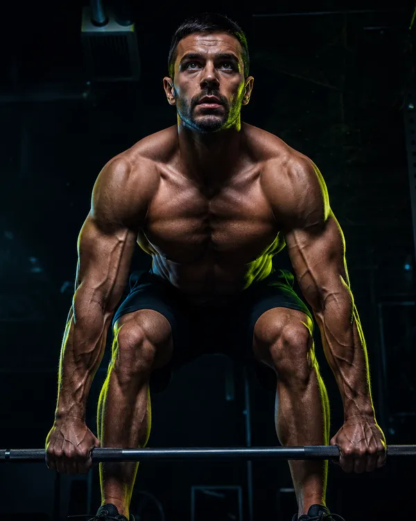 Athlete training with barbell in a dark gym